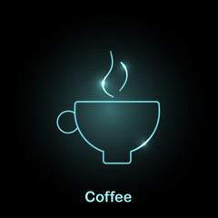 Neon food icon Vector illustration Glowing coffee cup light-blue neon icon on a black background Thin line