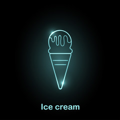 Neon food icon Vector illustration Glowing ice cream light-blue neon icon on a black background Thin line