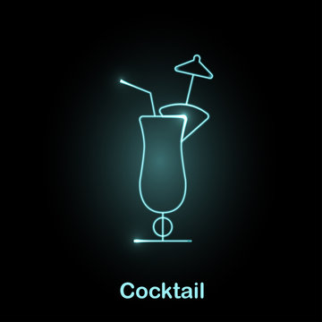 Neon food icon Vector illustration Glowing cocktail light-blue neon icon on a black background Thin line