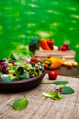Provence mix salad. Leaves of endive or chicory, lamb and rose salad. Raw vegetables. On wooden...