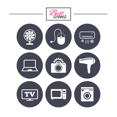Home appliances, device icons. Electronics sign.