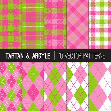 Girly Pink Green Golf Patterns: Argyle, Tartan And Gingham Plaid. Preppy Style Women's Golf Fashion Backgrounds.  Perfect For Charity Golf Events Or Birthday Party Decor. Vector Tile Swatches Included