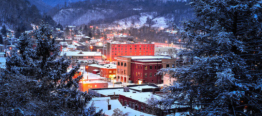 scenic mountain town, blue hour and fresh snow
