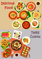 Salad, snack and soup dishes icon for food design