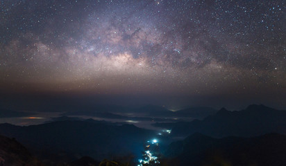 Milky Way in the starry night over the landscape of Thailand.