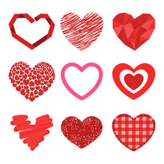 Differents style red heart vector icon isolated love valentine day symbol and romantic design wedding beautiful celebrate bright emotion passion sign illustration.