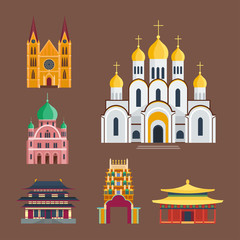 Cathedral churche temple building landmark tourism world religions and famous structure traditional city ancient old tower vector illustration.