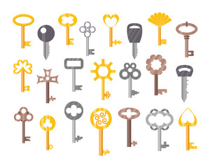 Vintage or antique door key isolated access household tool retro metal security house protection and decorative skeleton ornate secret sign vector illustration.