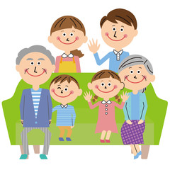 カジュアルでポップな3世代家族と観葉植物 ソファー