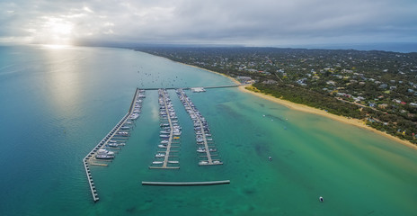 Aerial panorama of Blairgowrie Marina on Mornington Peninsula. Melbourne Victoria, Australia.