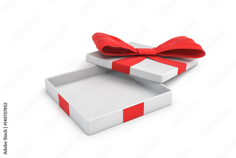 Aufkleber 3d rendering of a white flat gift box with a red bow on white background with opened lid