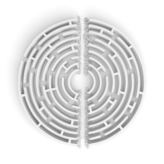 3d rendering of a white round maze with its walls broken by a straight line of rumble dividing the maze in half.