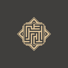 Abstract maze element. Maze emblem. Square ornament. Pattern.