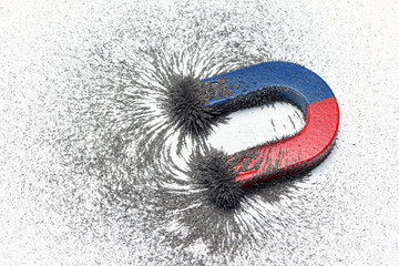 Red and blue horseshoe magnet or physics magnetic with iron powder magnetic field on white background. Scientific experiment in science class in school. - obrazy, fototapety, plakaty