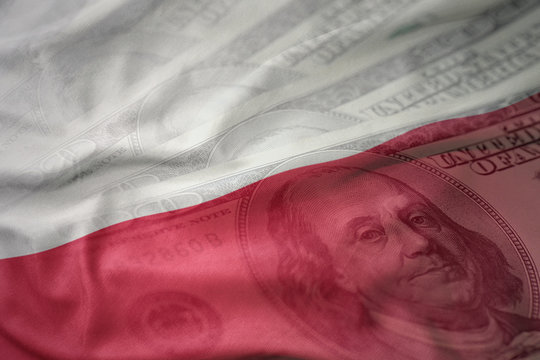 Colorful Waving National Flag Of Poland On A American Dollar Money Background. Finance Concept