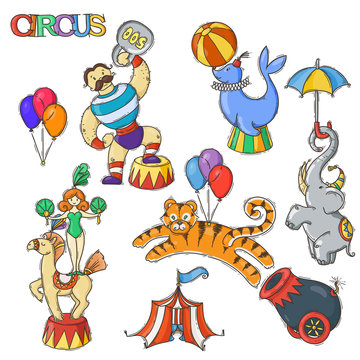 Circus cartoon icons collection with chapiteau tent and trained wild animals.