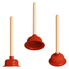 Красный резиновый вантуз с деревянной ручкой для прочистки труб, в трех положениях, на белом фоне

