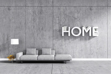 3d rendering : room Minimalist interior light and shadow with Gray fabric long sofa at front of cement concrete wall and floor. minimalism loft style wall background. design your HOME concept.
