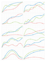 Set of stylish smooth line diagrams and graphs on the background of the grid
