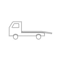 Service of evacuation sign. Wrecking car side. Car evacuator. Vehicle towing. Vector. Black dotted icon on white background. Isolated.