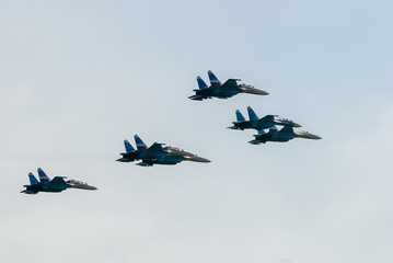 Nizhniy Tagil, Russia - July 12. 2008: fighters SU-27 display of fighting opportunities of equipment with application of aviation means of defeat. RAE exhibition. Russia Arms Expo