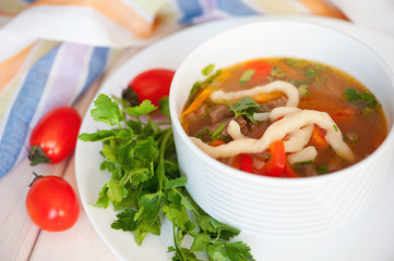 Asian traditional soup lagman with noodle and meat