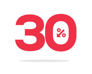 Vector red 30% text designed with an arrow percent icon on air with shadow isolated on white background. For sale campaigns.