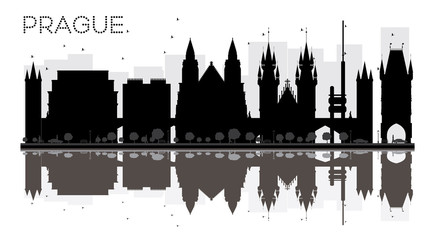 Naklejka premium Prague City skyline black and white silhouette with reflections.