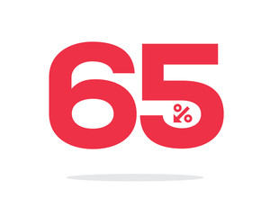 Vector red 65% text designed with an arrow percent icon on air with shadow isolated on white background. For sale campaigns.