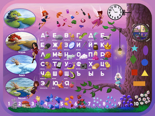 Russian alphabet with funny fairies. The complete children's english animal alphabet spelt out with different fun cartoon pics. Seasons , numerals , clock and geometrical shapes