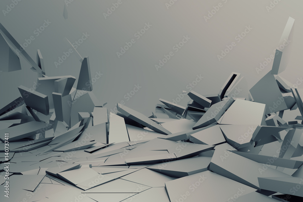 Poster abstract 3d rendering of cracked surface. background with broken shape. wall destruction. bursting w