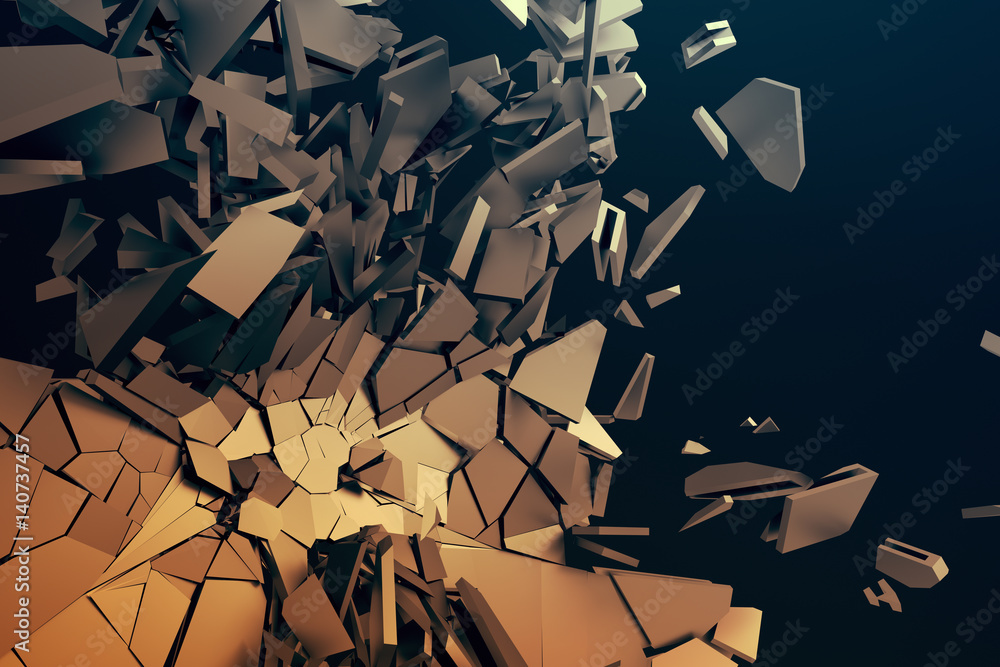 Poster abstract 3d rendering of cracked surface. background with broken shape. wall destruction. bursting w
