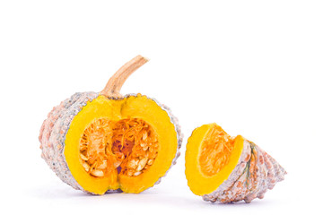 organic golden pumpkin squash slices with seeds on white background healthy  kabocha Vegetable food isolated
