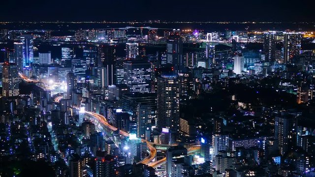 4K 東京タイムラプス　夜景　大都会の賑やかな街並　港区よりお台場まで一望