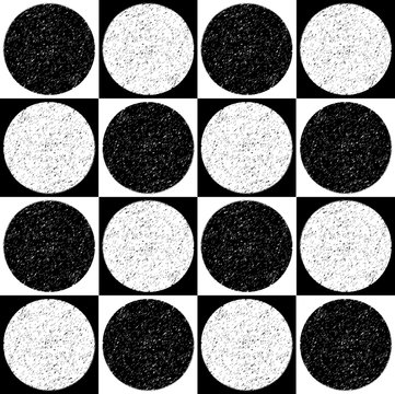 Checkered pattern with speckled circles. Black and white geometric pattern. Vector seamless