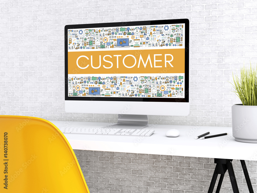 Poster 3d computer with word customer.
