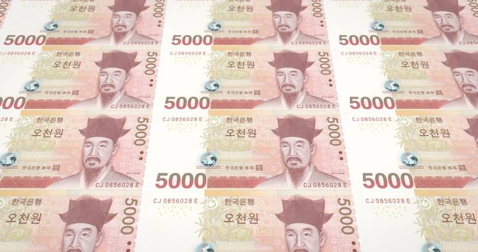 Banknotes of five thousand wons of South Korea rolling, cash money, loop