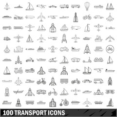 100 transport icons set, outline style