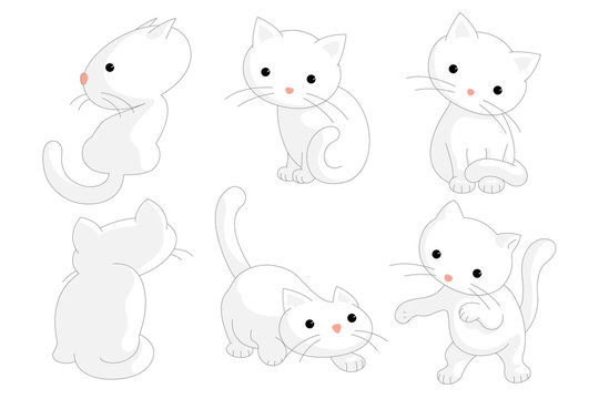 White cats in different moods and moves drawn as vector illustration.