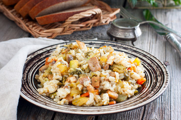 Brown rice with vegetables and mushrooms, horizontal