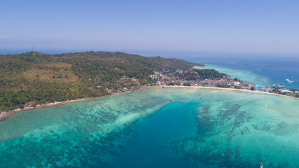 Fototapeta na wymiar Aerial drone photo of iconic tropical beach and resorts of Phi Phi island, Thailand