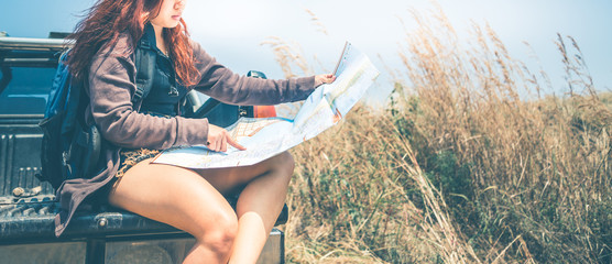 Drive pickup car Travel. Female travelers travel nature mountain map navigation © last19