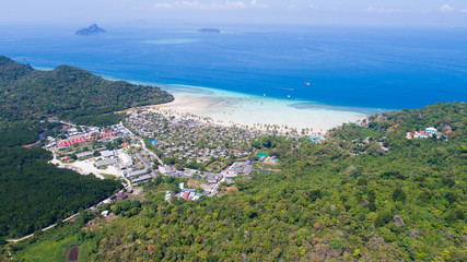 Aerial drone photo of iconic tropical beach and resorts of Phi Phi island, Thailand