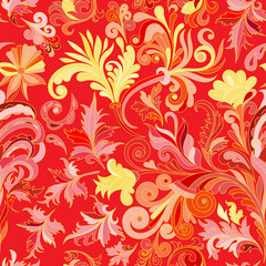 Vector floral seamless pattern with colorful fantasy plants and curls