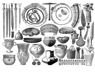 Engraving reproducing artifacts, weapons,jewelry, pottery , tools found in prehistorical tombs in Germany © acrogame
