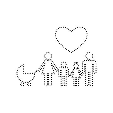 Family sign with heart. Husband and wife are kept children's hands. Vector. Black dotted icon on white background. Isolated.