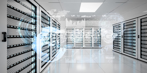Graph holograms flying over server room data center 3D rendering