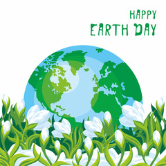 Happy Earth day. A poster with a picture of the planet and flowers.