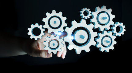 Businesswoman touching colorful gear icons with her finger 3D rendering