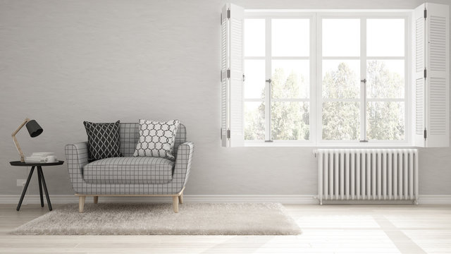 Minimalist living room, simple white living with big window, scandinavian classic interior design